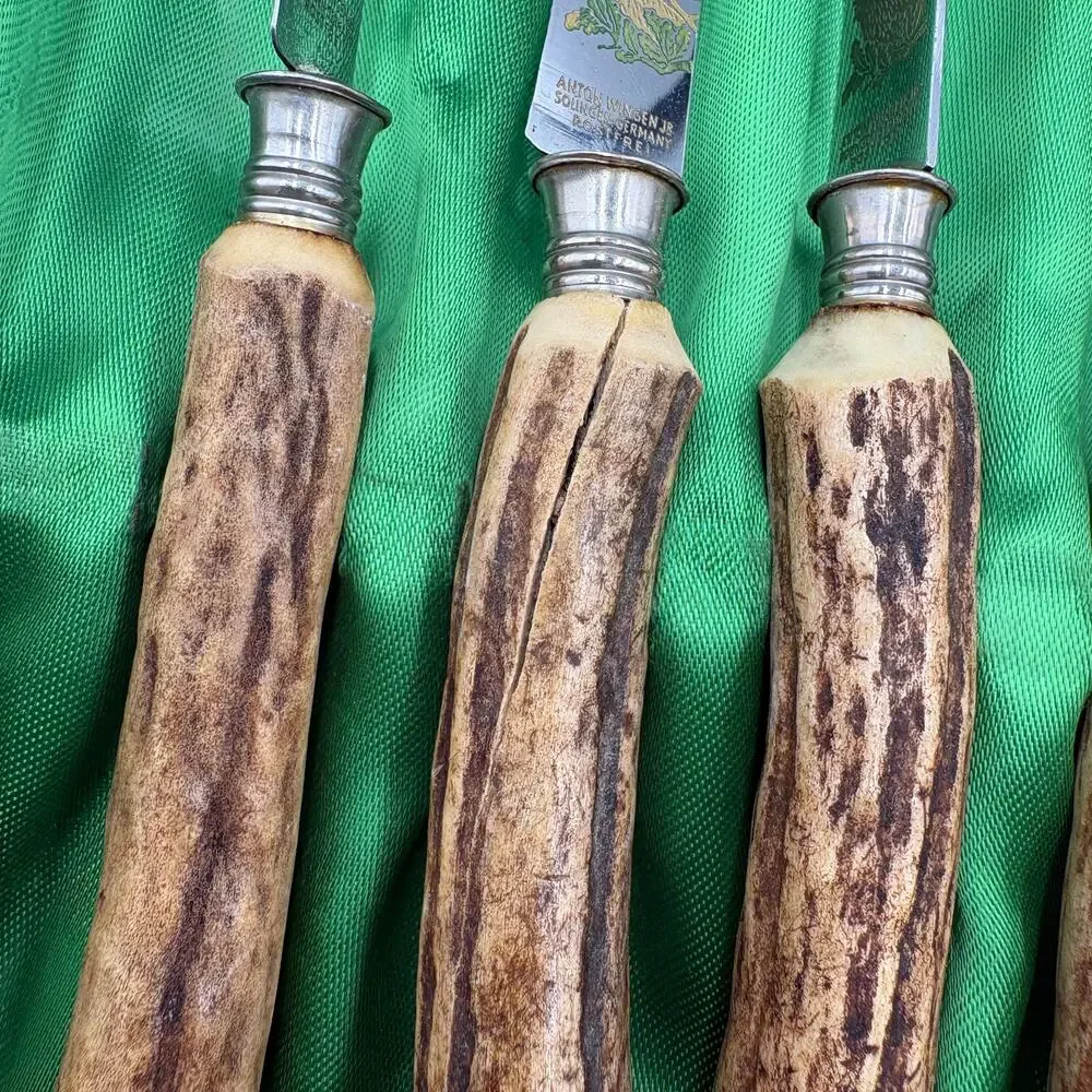 Vintage Anton Wingen Jr. Solingen Carving Steak Knives Stag Horn Handles Steel